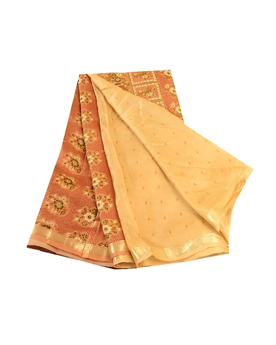 Sanskriti Vintage Sarees Beige Printed Pure Silk Zari Border Sari Craft Fabric, PR-61360-Beige-Printed Floral Design-Pure Silk-6