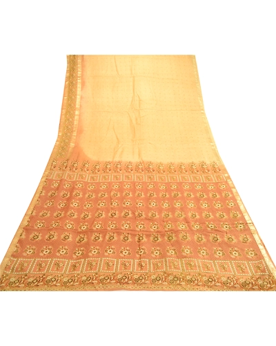 Sanskriti Vintage Sarees Beige Printed Pure Silk Zari Border Sari Craft Fabric, PR-61360-Beige-Printed Floral Design-Pure Silk-7