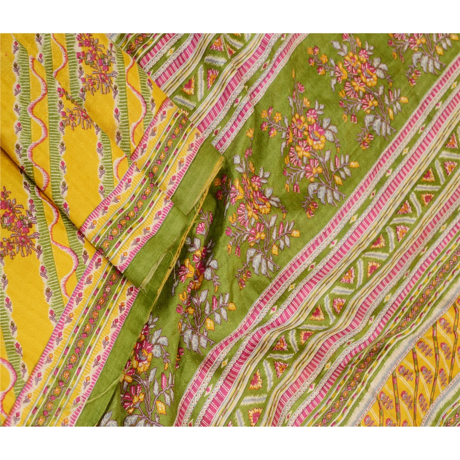 Sanskriti Vintage Sarees Yellow From India Pure Silk Printed Sari Craft Fabric, PR-61377-Yellow-Printed Floral Design-Pure Silk-1