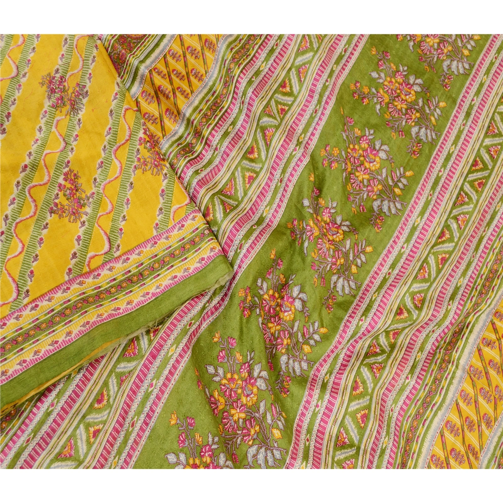 Sanskriti Vintage Sarees Yellow From India Pure Silk Printed Sari Craft Fabric, PR-61377-Yellow-Printed Floral Design-Pure Silk-2