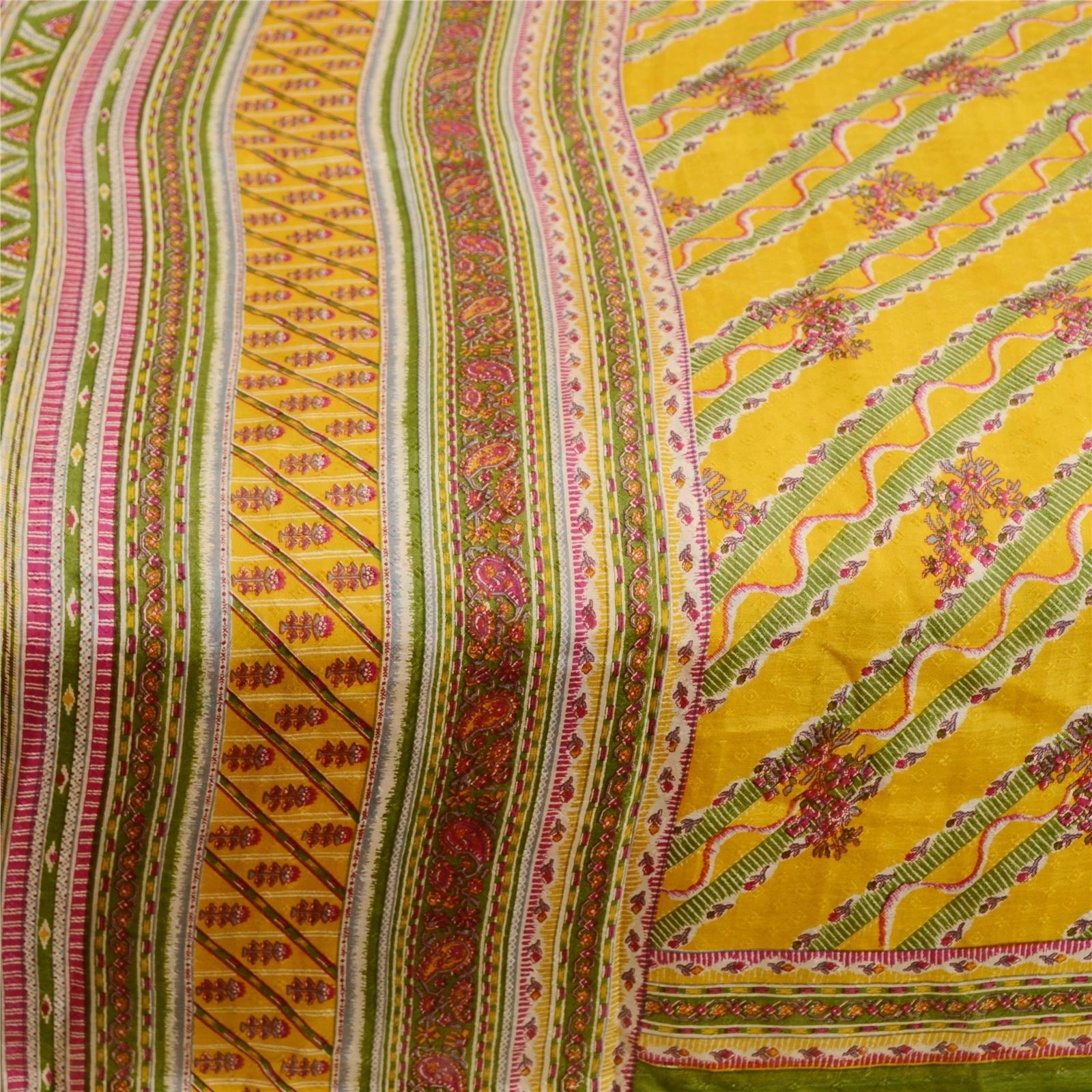 Sanskriti Vintage Sarees Yellow From India Pure Silk Printed Sari Craft Fabric, PR-61377-Yellow-Printed Floral Design-Pure Silk-3