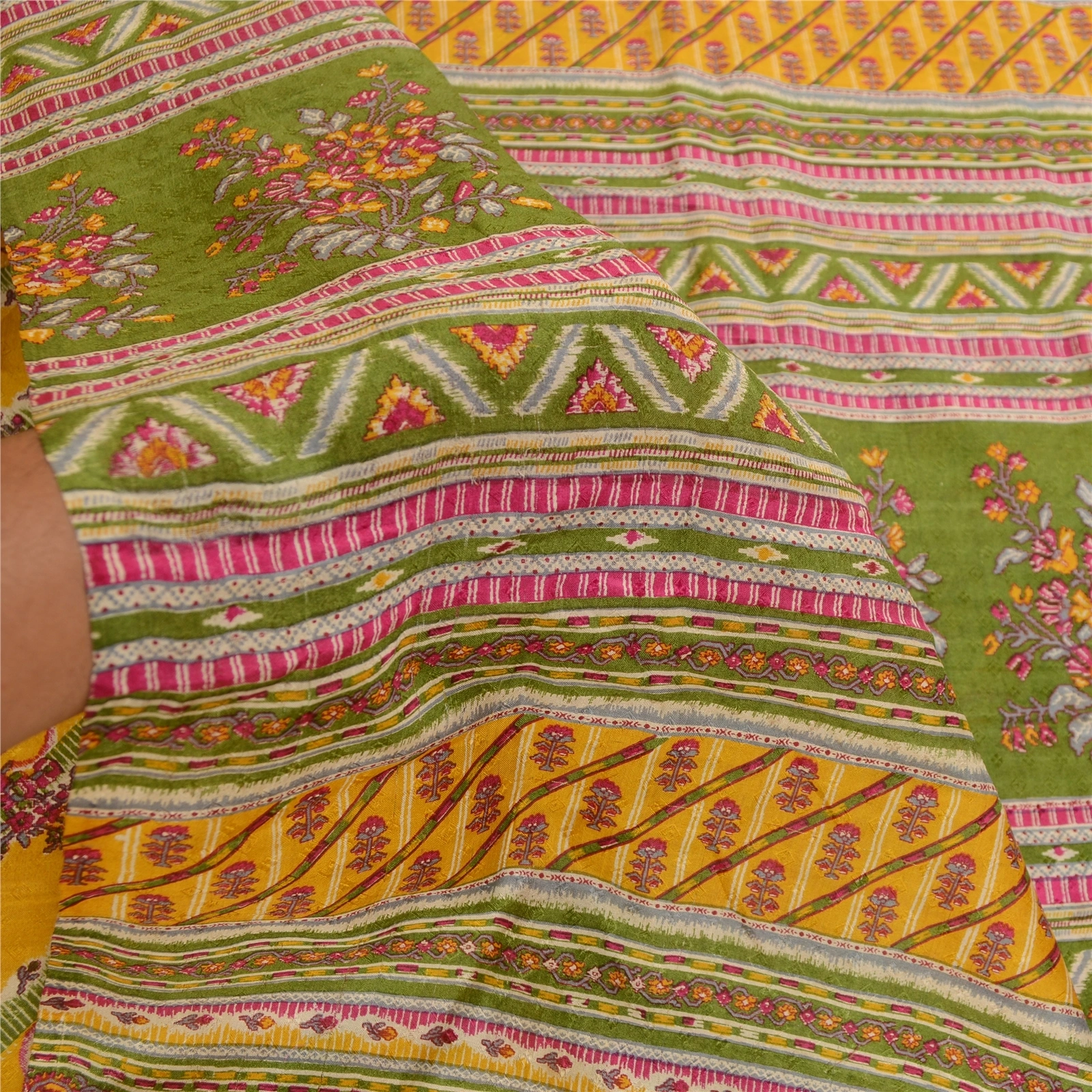 Sanskriti Vintage Sarees Yellow From India Pure Silk Printed Sari Craft Fabric, PR-61377-Yellow-Printed Floral Design-Pure Silk-5