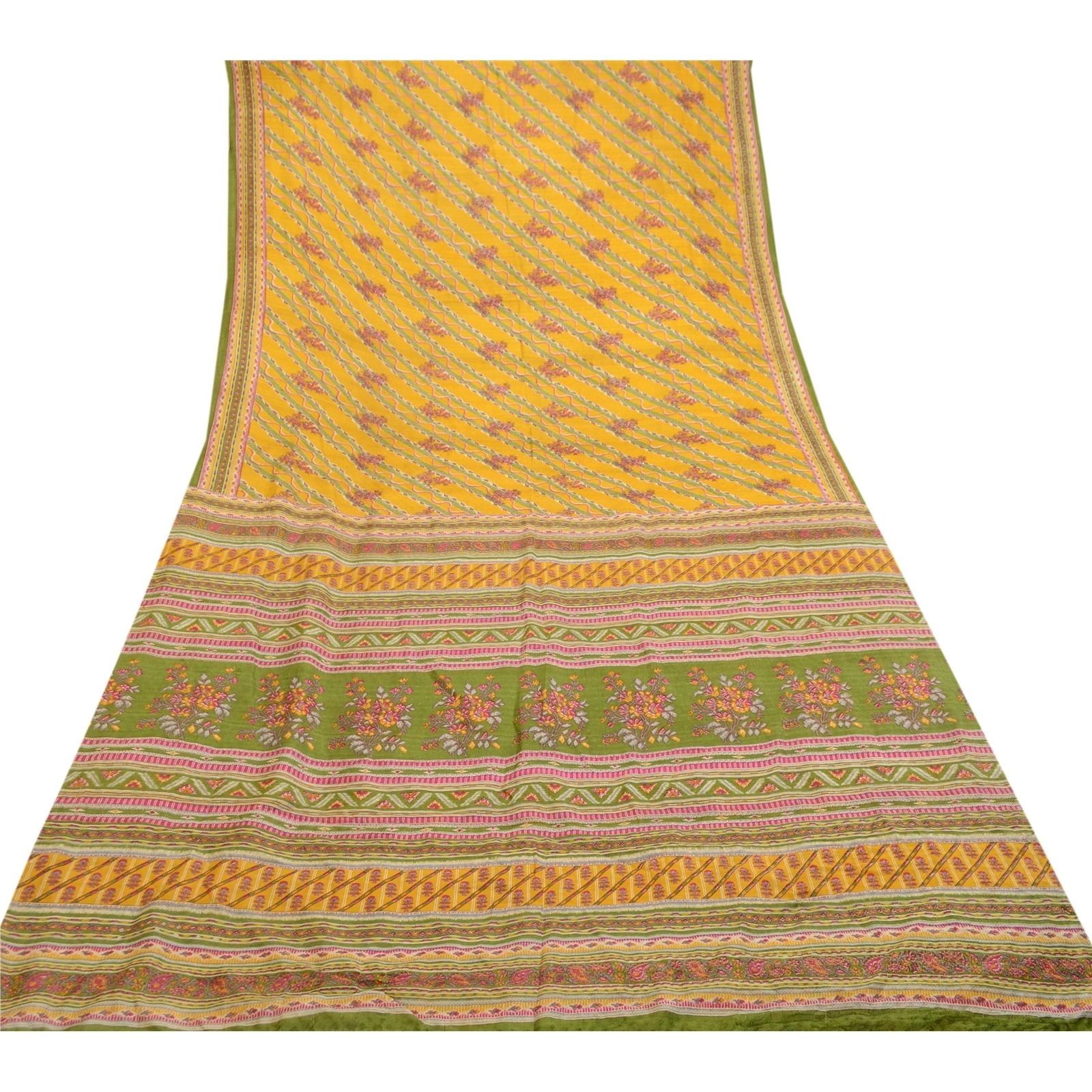 Sanskriti Vintage Sarees Yellow From India Pure Silk Printed Sari Craft Fabric, PR-61377-Yellow-Printed Floral Design-Pure Silk-7