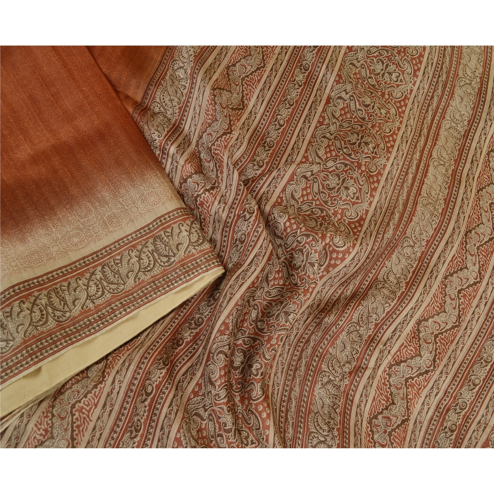 Sanskriti Vintage Indian Sarees Brown Pure Silk Printed Sari Floral Craft Fabric, PR-61395-Brown-Printed Floral Design-Pure Silk-2