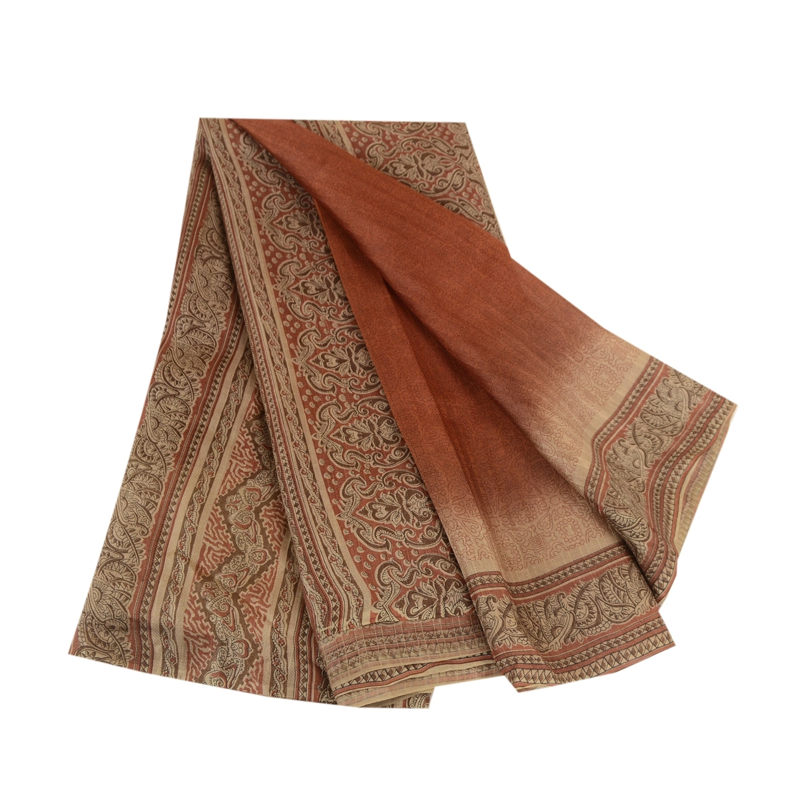 Sanskriti Vintage Indian Sarees Brown Pure Silk Printed Sari Floral Craft Fabric, PR-61395-Brown-Printed Floral Design-Pure Silk-6