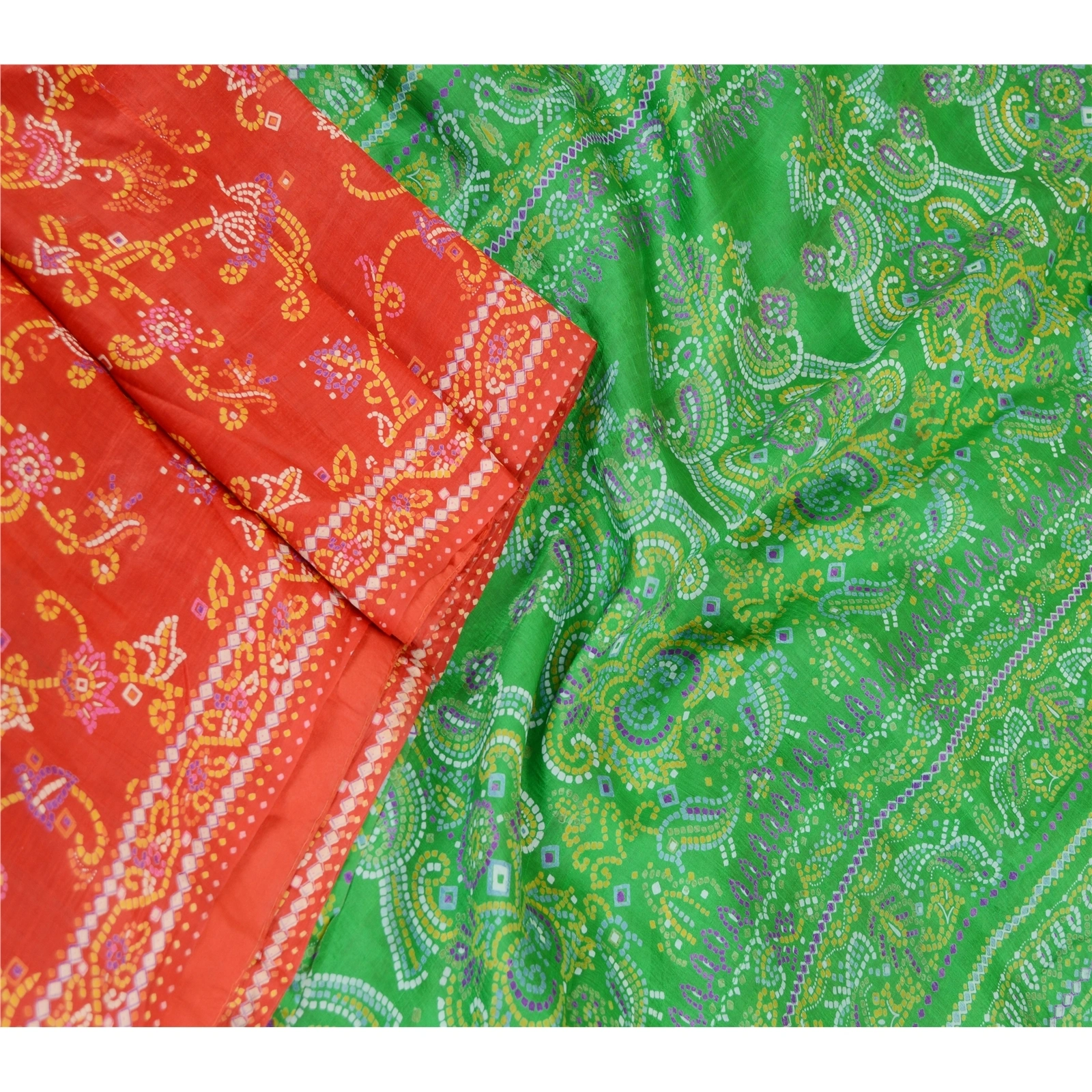 Sanskriti Vintage Sarees Red 100% Pure Silk Bandhani Printed Sari Craft Fabric, PR-61398-Red-Printed Floral Design-Pure Silk-2