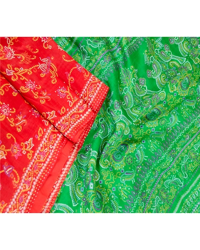 Sanskriti Vintage Sarees Red 100% Pure Silk Bandhani Printed Sari Craft Fabric, PR-61398-Red-Printed Floral Design-Pure Silk-2