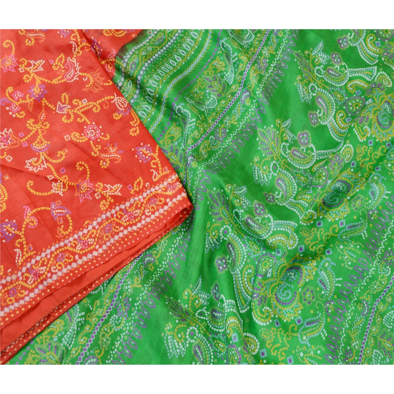 Sanskriti Vintage Sarees Red 100% Pure Silk Bandhani Printed Sari Craft Fabric, PR-61398-Red-Printed Floral Design-Pure Silk-3