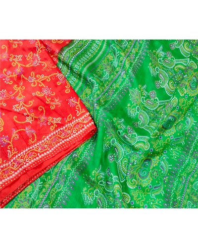 Sanskriti Vintage Sarees Red 100% Pure Silk Bandhani Printed Sari Craft Fabric, PR-61398-Red-Printed Floral Design-Pure Silk-3
