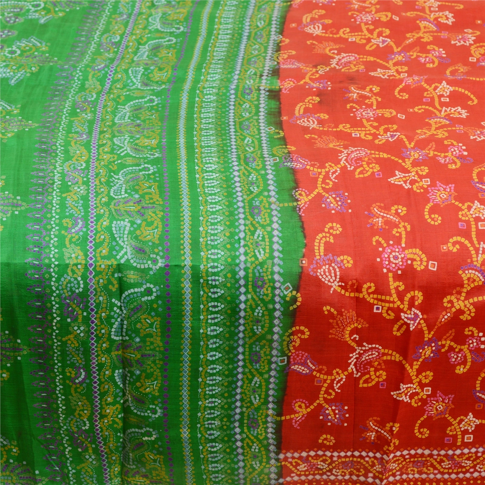 Sanskriti Vintage Sarees Red 100% Pure Silk Bandhani Printed Sari Craft Fabric, PR-61398-Red-Printed Floral Design-Pure Silk-4