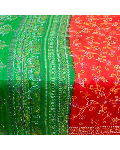 Sanskriti Vintage Sarees Red 100% Pure Silk Bandhani Printed Sari Craft Fabric, PR-61398-Red-Printed Floral Design-Pure Silk-4