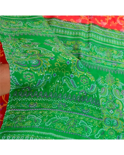 Sanskriti Vintage Sarees Red 100% Pure Silk Bandhani Printed Sari Craft Fabric, PR-61398-Red-Printed Floral Design-Pure Silk-6