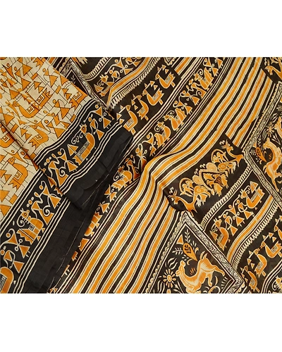 Sanskriti Vintage Sarees Warli Art Saffron Pure Silk Printed Sari Craft Fabric, PR-61405-Saffron-Printed Floral Design-Pure Silk-1