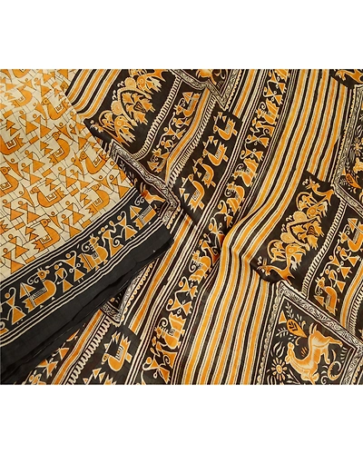 Sanskriti Vintage Sarees Warli Art Saffron Pure Silk Printed Sari Craft Fabric, PR-61405-Saffron-Printed Floral Design-Pure Silk-2