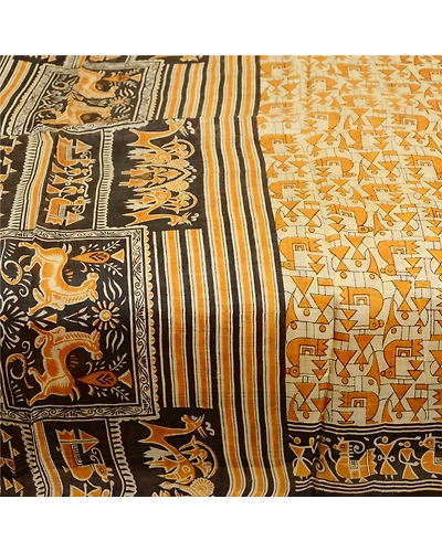 Sanskriti Vintage Sarees Warli Art Saffron Pure Silk Printed Sari Craft Fabric, PR-61405-Saffron-Printed Floral Design-Pure Silk-3