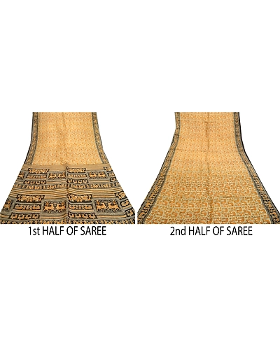 Sanskriti Vintage Sarees Warli Art Saffron Pure Silk Printed Sari Craft Fabric, PR-61405-Saffron-Printed Floral Design-Pure Silk-4
