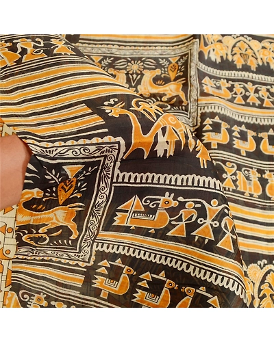 Sanskriti Vintage Sarees Warli Art Saffron Pure Silk Printed Sari Craft Fabric, PR-61405-Saffron-Printed Floral Design-Pure Silk-5