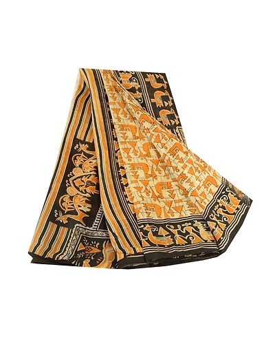 Sanskriti Vintage Sarees Warli Art Saffron Pure Silk Printed Sari Craft Fabric, PR-61405-Saffron-Printed Floral Design-Pure Silk-6