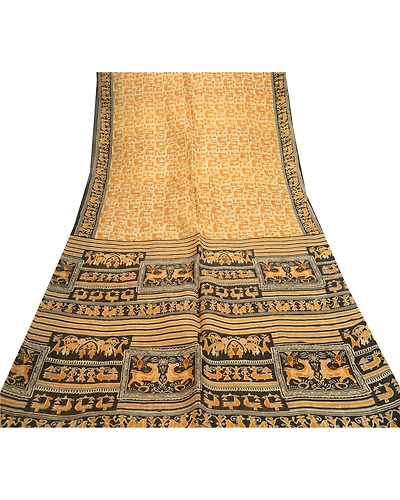 Sanskriti Vintage Sarees Warli Art Saffron Pure Silk Printed Sari Craft Fabric, PR-61405-Saffron-Printed Floral Design-Pure Silk-7