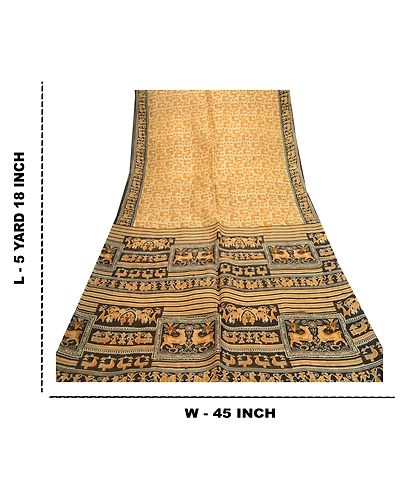 Sanskriti Vintage Sarees Warli Art Saffron Pure Silk Printed Sari Craft Fabric, PR-61405-Saffron-Printed Floral Design-Pure Silk-8