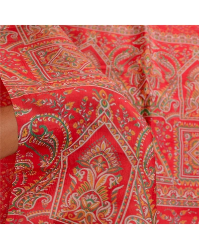 Sanskriti Vintage Sarees Red Indian Pure Silk Printed Sari Floral Craft Fabric, PR-61418-Red-Printed Floral Design-Pure Silk-5