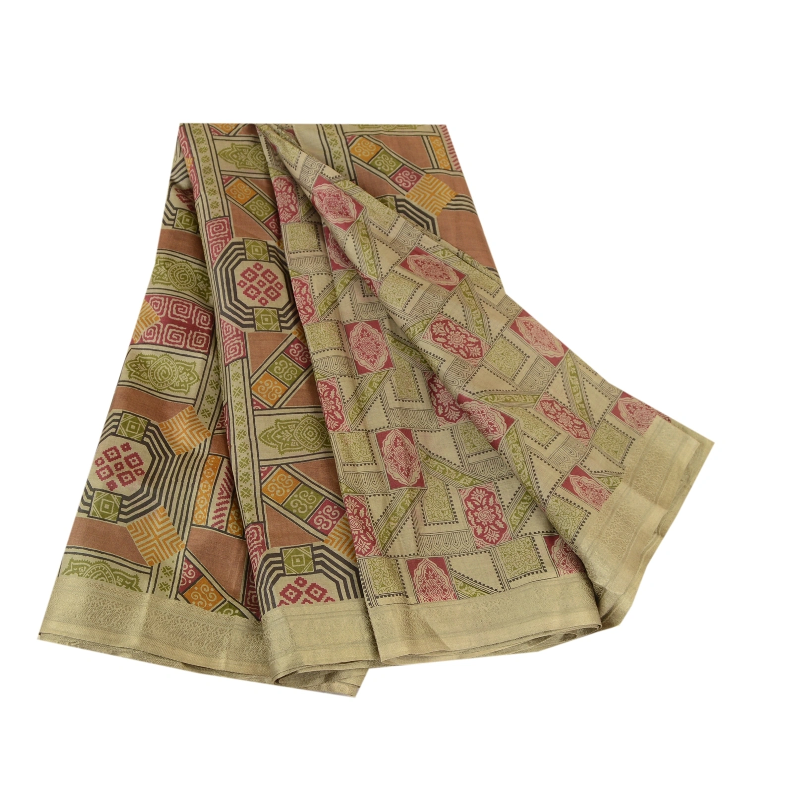 Sanskriti Vintage Sarees Green Pure Silk Printed Sari Floral Soft Craft Fabric, PR-61443-Shades Of Green-Printed Floral Design-Pure Silk-6