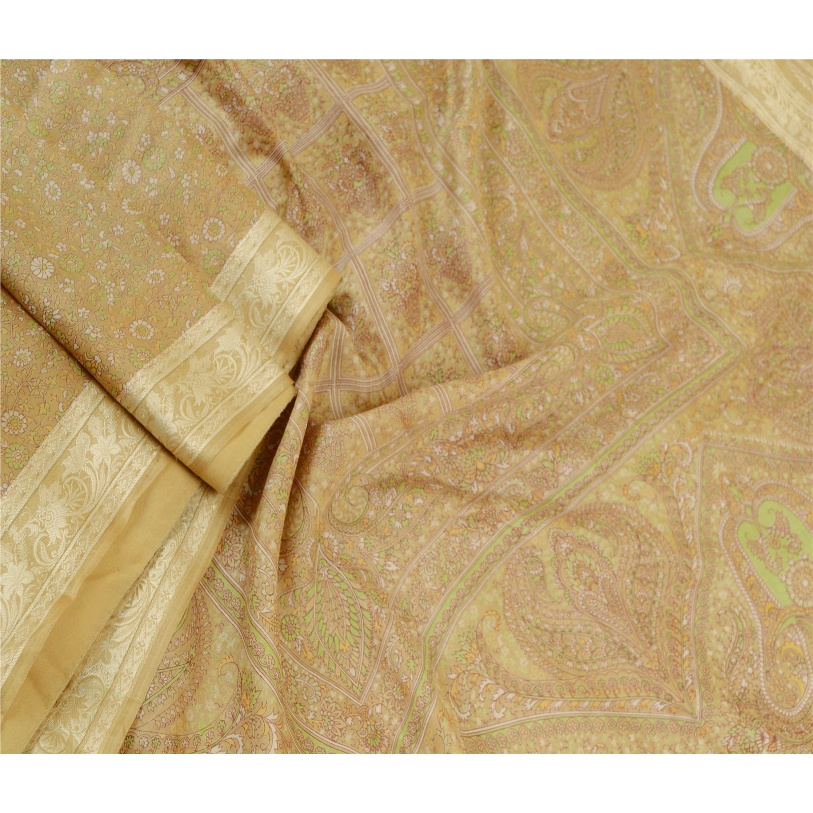 Sanskriti Vintage Sarees From India Beige Pure Silk Printed Sari Craft Fabric, PR-61451-Beige-Printed Floral Design-Pure Silk-1