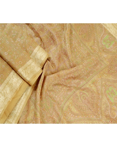 Sanskriti Vintage Sarees From India Beige Pure Silk Printed Sari Craft Fabric, PR-61451-Beige-Printed Floral Design-Pure Silk-1