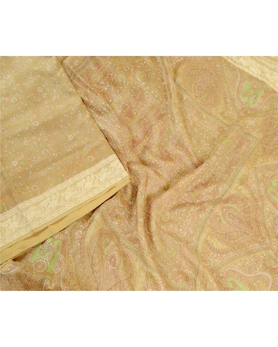 Sanskriti Vintage Sarees From India Beige Pure Silk Printed Sari Craft Fabric, PR-61451-Beige-Printed Floral Design-Pure Silk-2