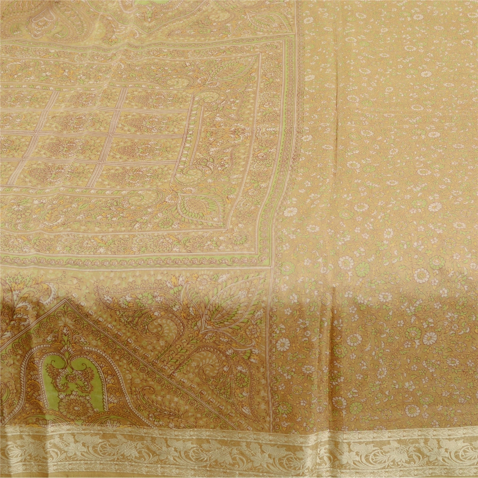 Sanskriti Vintage Sarees From India Beige Pure Silk Printed Sari Craft Fabric, PR-61451-Beige-Printed Floral Design-Pure Silk-3