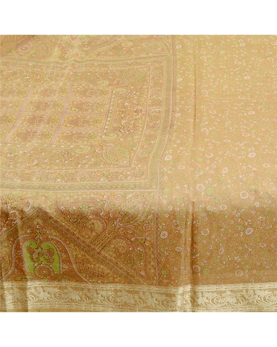 Sanskriti Vintage Sarees From India Beige Pure Silk Printed Sari Craft Fabric, PR-61451-Beige-Printed Floral Design-Pure Silk-3