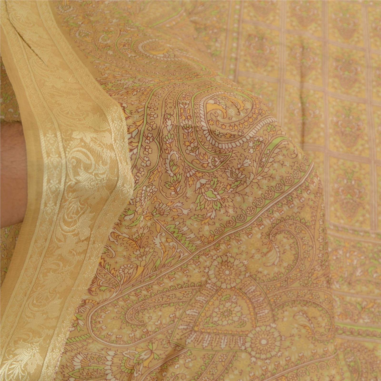 Sanskriti Vintage Sarees From India Beige Pure Silk Printed Sari Craft Fabric, PR-61451-Beige-Printed Floral Design-Pure Silk-5