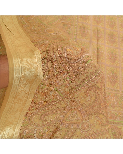 Sanskriti Vintage Sarees From India Beige Pure Silk Printed Sari Craft Fabric, PR-61451-Beige-Printed Floral Design-Pure Silk-5