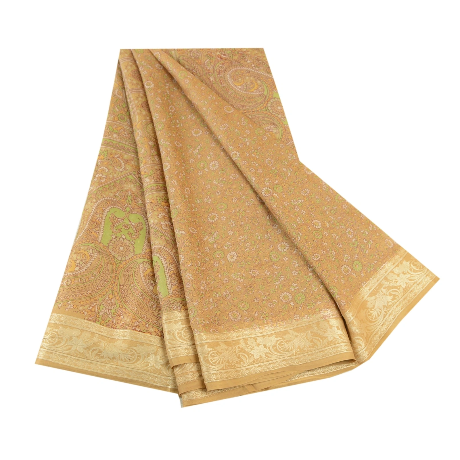 Sanskriti Vintage Sarees From India Beige Pure Silk Printed Sari Craft Fabric, PR-61451-Beige-Printed Floral Design-Pure Silk-6