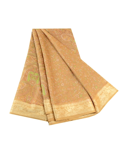 Sanskriti Vintage Sarees From India Beige Pure Silk Printed Sari Craft Fabric, PR-61451-Beige-Printed Floral Design-Pure Silk-6