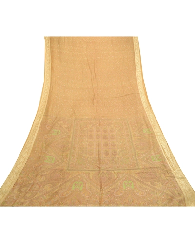 Sanskriti Vintage Sarees From India Beige Pure Silk Printed Sari Craft Fabric, PR-61451-Beige-Printed Floral Design-Pure Silk-7