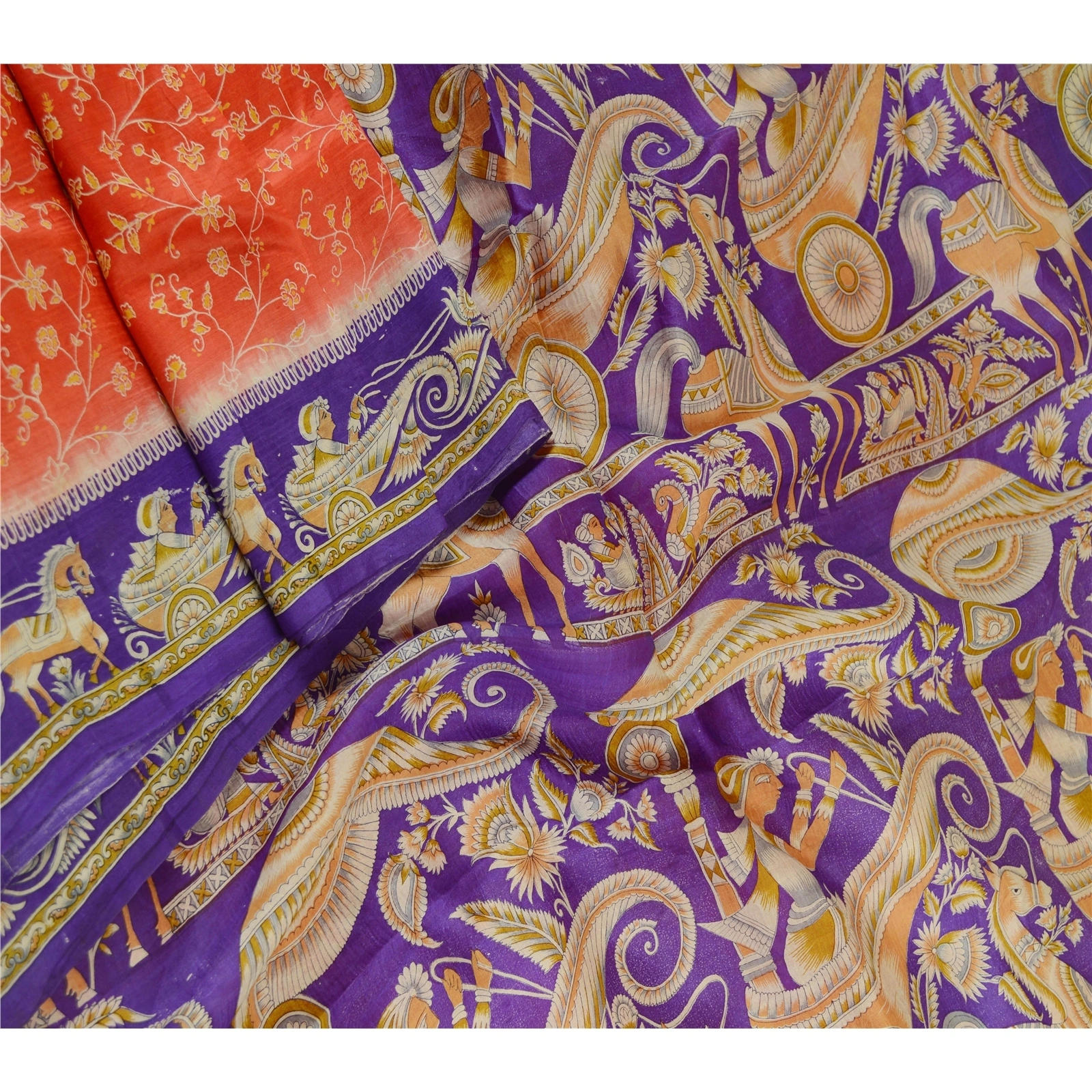 Sanskriti Vintage Sarees Red Horse Human Printed Pure Silk Sari 5Yd Craft Fabric, PR-61453-Red-Printed Floral Design-Pure Silk-1