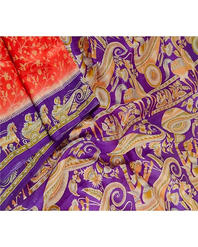 Sanskriti Vintage Sarees Red Horse Human Printed Pure Silk Sari 5Yd Craft Fabric, PR-61453-Red-Printed Floral Design-Pure Silk-1