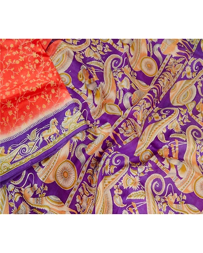 Sanskriti Vintage Sarees Red Horse Human Printed Pure Silk Sari 5Yd Craft Fabric, PR-61453-Red-Printed Floral Design-Pure Silk-2