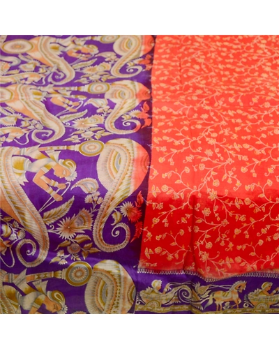 Sanskriti Vintage Sarees Red Horse Human Printed Pure Silk Sari 5Yd Craft Fabric, PR-61453-Red-Printed Floral Design-Pure Silk-3