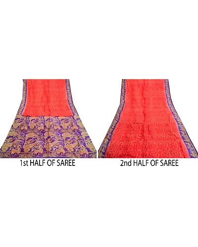 Sanskriti Vintage Sarees Red Horse Human Printed Pure Silk Sari 5Yd Craft Fabric, PR-61453-Red-Printed Floral Design-Pure Silk-4