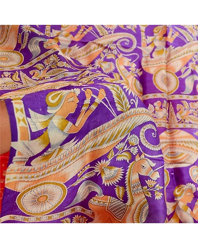 Sanskriti Vintage Sarees Red Horse Human Printed Pure Silk Sari 5Yd Craft Fabric, PR-61453-Red-Printed Floral Design-Pure Silk-5