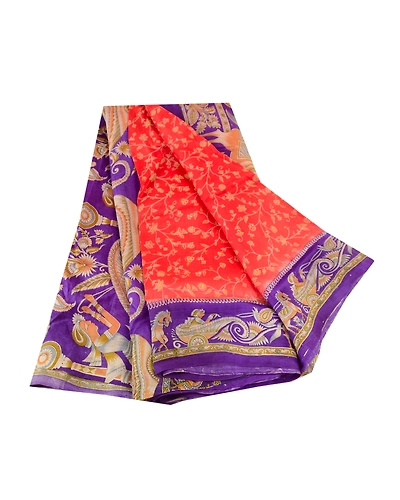 Sanskriti Vintage Sarees Red Horse Human Printed Pure Silk Sari 5Yd Craft Fabric, PR-61453-Red-Printed Floral Design-Pure Silk-6