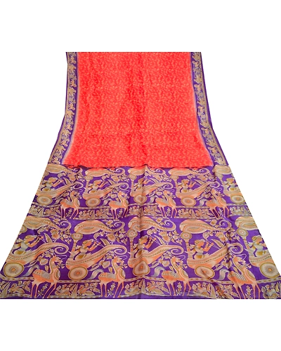 Sanskriti Vintage Sarees Red Horse Human Printed Pure Silk Sari 5Yd Craft Fabric, PR-61453-Red-Printed Floral Design-Pure Silk-7