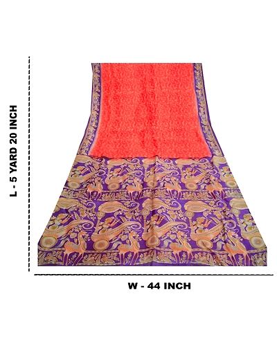 Sanskriti Vintage Sarees Red Horse Human Printed Pure Silk Sari 5Yd Craft Fabric, PR-61453-Red-Printed Floral Design-Pure Silk-8