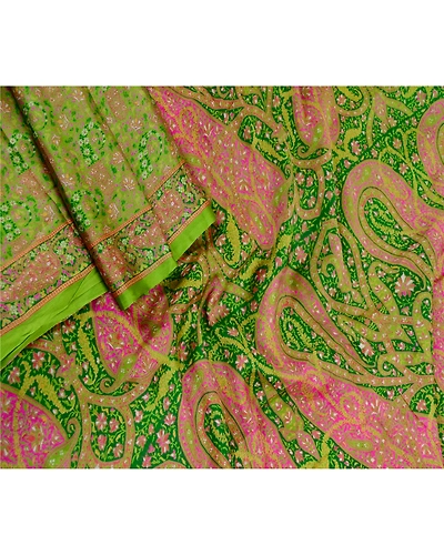 Sanskriti Vintage Sarees Green Indian Pure Silk Printed Sari Floral Craft Fabric, PR-61458-Green-Printed Floral Design-Pure Silk-1