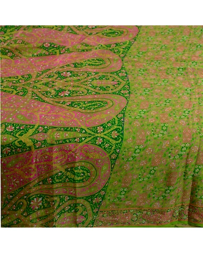 Sanskriti Vintage Sarees Green Indian Pure Silk Printed Sari Floral Craft Fabric, PR-61458-Green-Printed Floral Design-Pure Silk-3