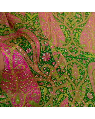 Sanskriti Vintage Sarees Green Indian Pure Silk Printed Sari Floral Craft Fabric, PR-61458-Green-Printed Floral Design-Pure Silk-5