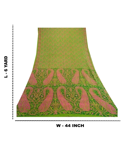 Sanskriti Vintage Sarees Green Indian Pure Silk Printed Sari Floral Craft Fabric, PR-61458-Green-Printed Floral Design-Pure Silk-8