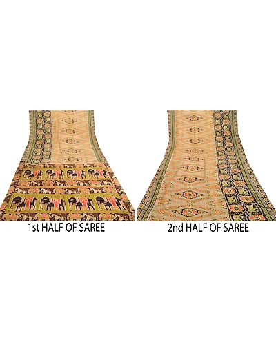 Sanskriti Vintage Sarees Animal Printed Cream Pure Silk Sari Soft Craft Fabric, PR-61472-Cream-Printed Floral Design-Pure Silk-4